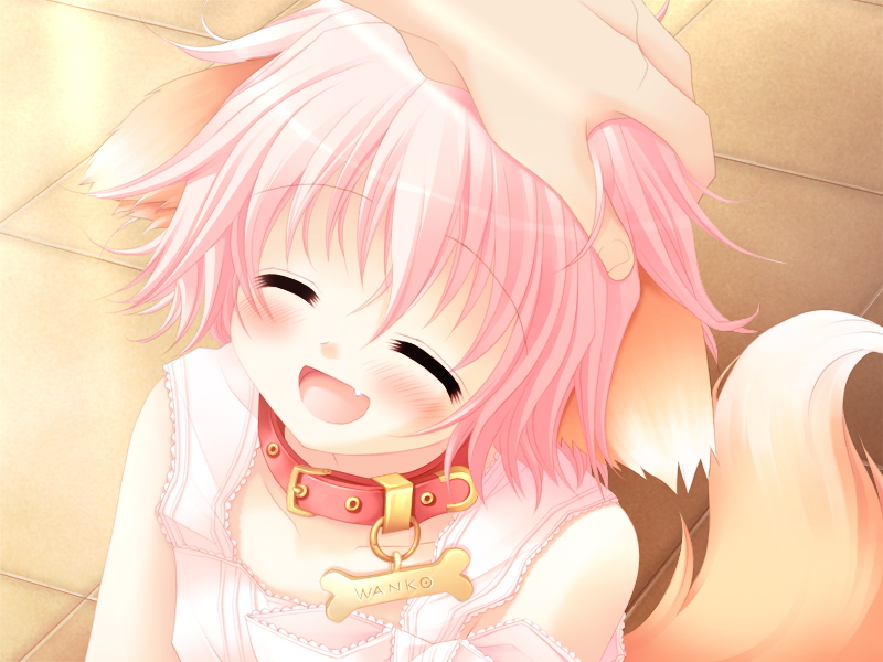 animal_ears blush child close-up closed_eyes collar dog_ears dog_tail fang game_cg hand_on_another's_head happy out_of_frame pet petting pink_hair sakurazawa_izumi short_hair smile solo_focus tail wanko wanko_to_lily