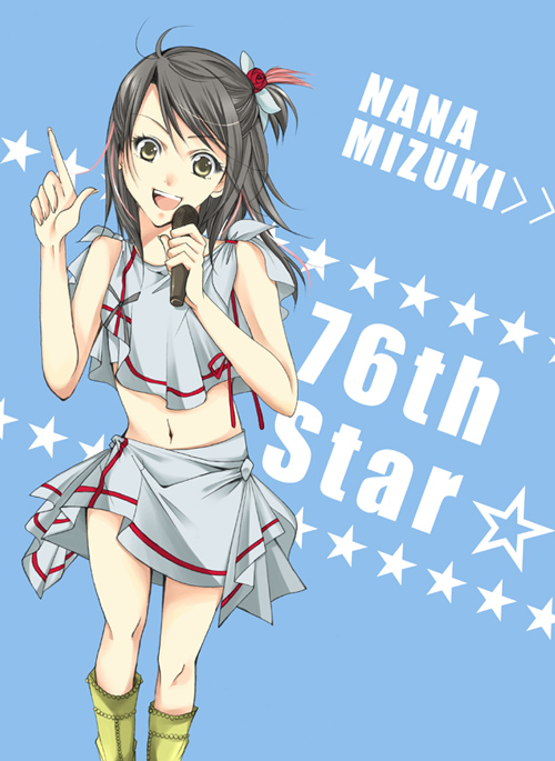 :d bare_shoulders black_hair blue_background brown_eyes flower grey_skirt hair_flower hair_ornament head_tilt index_finger_raised looking_at_viewer microphone midriff mizuki_nana music navel open_mouth orito real_life real_life_insert seiyuu shirt simple_background singing skirt smile solo tied_shirt