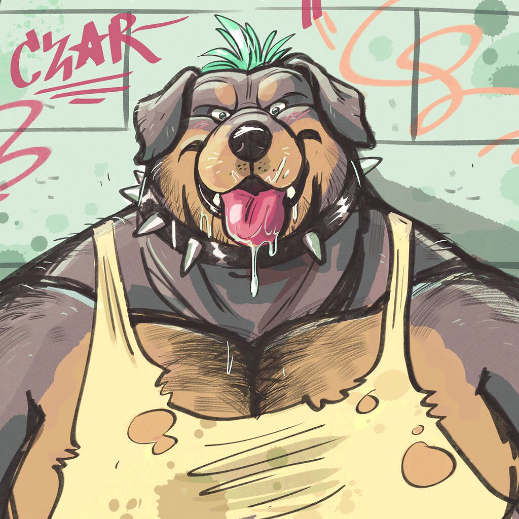 2018 anthro black_nose blush body_hair canid canine canis chest_hair clothed clothing collar domestic_dog dramamine drooling graffiti male mammal muscular muscular_male saliva shirt solo spiked_collar spikes tank_top teal_hair tongue tongue_out torn_clothing