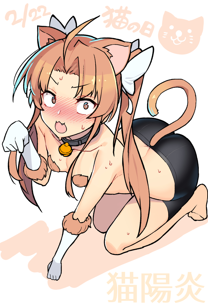 1girl :3 :o ahoge arm_support ass bare_legs barefoot bell bell_collar bike_shorts black_collar black_shorts bow breasts brown_eyes brown_hair butt_crack cat_day cat_tail collar collarbone commentary_request constricted_pupils dated eyebrows_visible_through_hair fang forehead full_body fur_trim gloves hair_bow hand_up highres jingle_bell kagerou_(kantai_collection) kantai_collection kemonomimi_mode kneeling leaning_forward long_hair looking_at_viewer open_mouth paw_pose short_shorts shorts simple_background small_breasts solo sweat tail taketora_suzume thighs topless translation_request twintails v-shaped_eyebrows white_background white_bow white_gloves