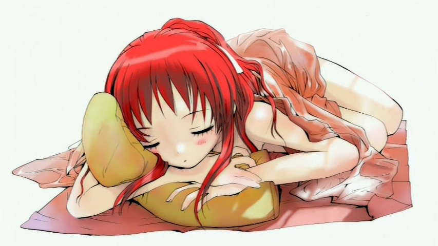 blanket blush duplicate legs long_hair lying nude on_stomach onda_aka pillow pillow_hug rec red_hair screencap sleeping solo