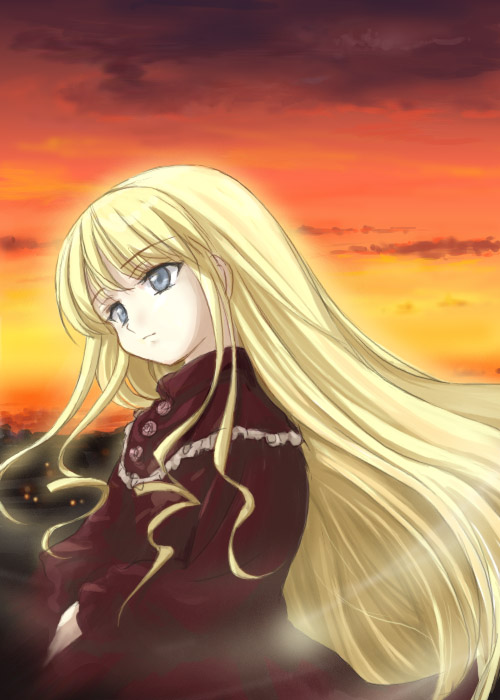 blonde_hair buttons capelet city_lights closed_mouth expressionless eyebrows eyebrows_visible_through_hair hair_down head_tilt long_hair long_sleeves mizuki_yurine no_hat no_headwear orange_sky red_capelet rozen_maiden shinku silver_eyes sky solo sunset upper_body very_long_hair