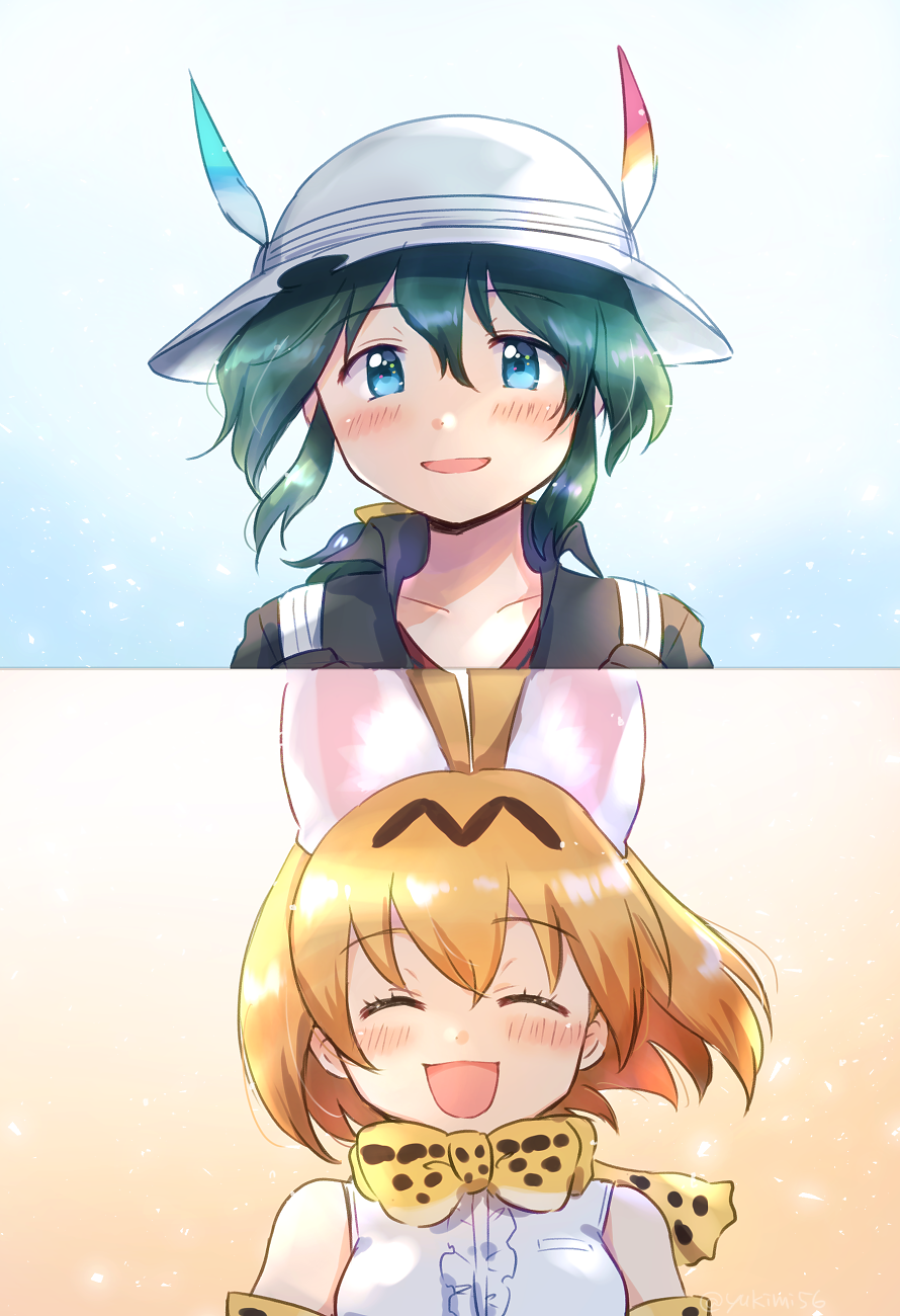 2girls :d animal_ears artist_request backpack bag bare_shoulders black_gloves black_shirt blonde_hair blue_background blue_eyes blush bow bowtie collarbone collared_shirt eyebrows_visible_through_hair eyes_closed frilled_shirt frills gloves green_hair happy hat hat_feather helmet highres kaban_(kemono_friends) kemono_friends messy_hair multiple_girls older open_mouth pith_helmet red_shirt serval_(kemono_friends) serval_ears serval_print shirt short_hair sleeveless sleeveless_shirt smile source_request spoilers striped striped_shirt v-neck white_hat white_shirt yellow_background