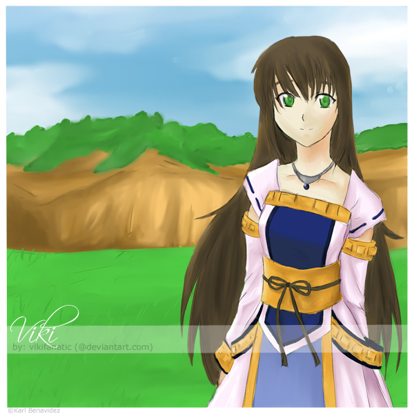 artist_request bad_anatomy blue_sky brown_hair character_name choker day field gensou_suikoden gensou_suikoden_v grass green_eyes jewelry long_hair long_sleeves looking_at_viewer outdoors pendant robe sky smile solo standing viki_(suikoden)