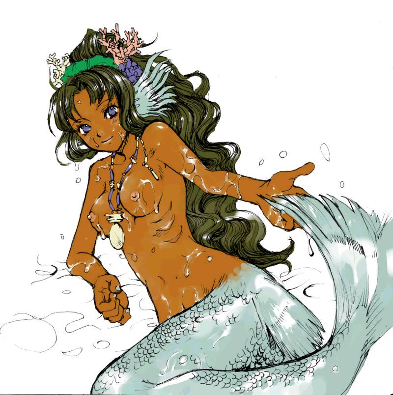 artist_request blue_eyes breasts copyright_request curly_hair dark_skin gills green_hair hair_ornament head_fins jewelry lying medium_breasts mermaid monster_girl necklace nipples nude ponytail smile solo water wet