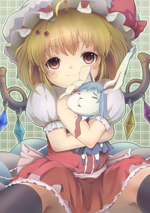 ahoge animal_ears bad_id bad_pixiv_id black_legwear blonde_hair blue_hair blush bunny_ears character_doll cherry_hair_ornament flandre_scarlet food_themed_hair_ornament hair_ornament hairclip hat long_hair looking_at_viewer outline ponytail red_eyes reisen_udongein_inaba sanntouhei short_hair side_ponytail smile solo stuffed_toy thighhighs touhou wings