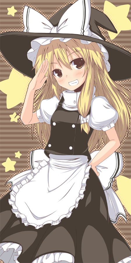 blonde_hair blush grin hand_on_hip hat kirisame_marisa lockheart md5_mismatch salute smile solo star touhou witch witch_hat yellow_eyes