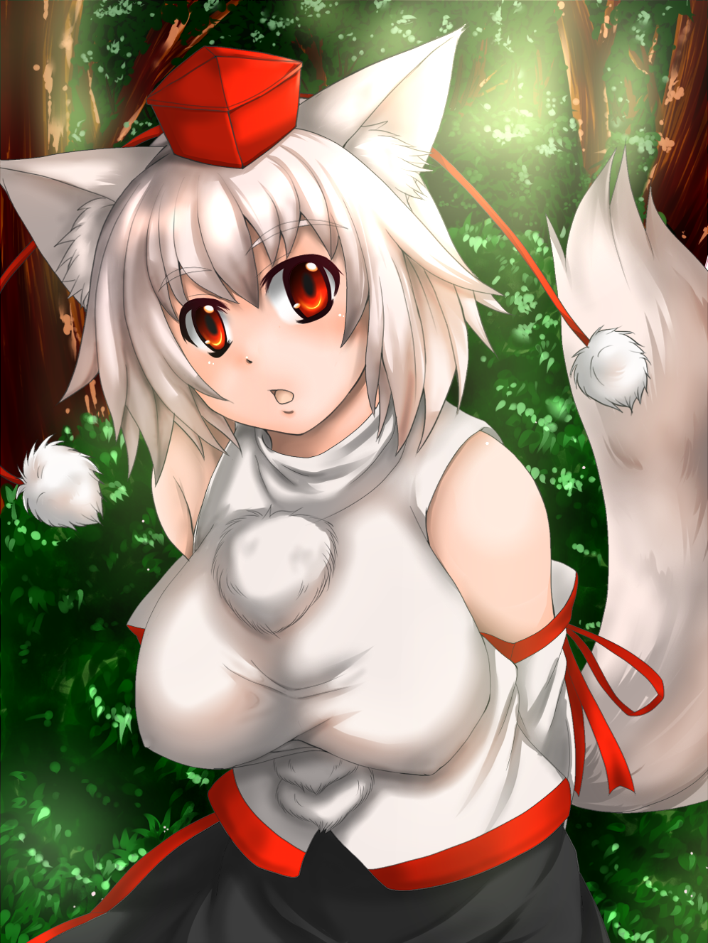 animal_ears arms_behind_back bad_id bad_pixiv_id breasts detached_sleeves hat highres inubashiri_momiji large_breasts memento_mori_(m.m) red_eyes short_hair silver_hair solo tail tokin_hat touhou wolf_ears wolf_tail