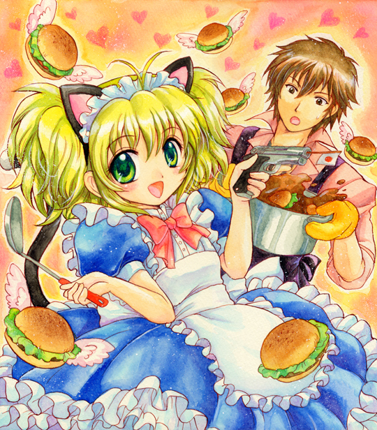 1girl animal_ears antenna_hair apron artist_request blonde_hair bow brown_hair cal_devens cat_ears cat_tail food frills green_eyes gun hamburger maid maid_headdress open_mouth oven_mitts phantom_of_inferno tail twintails weapon zwei