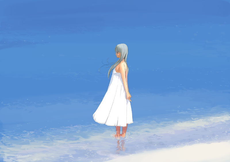 arms_behind_back barefoot beach blue dress grey_hair kiriman_(souldeep) long_hair ocean original outdoors solo wading water white_dress
