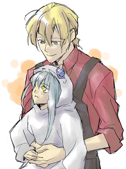 1girl artist_request barasuishou blonde_hair enju grey_eyes height_difference hug hug_from_behind long_sleeves looking_down looking_up overalls rozen_maiden short_hair short_sleeves silver_hair simple_background smile upper_body white_background yellow_eyes