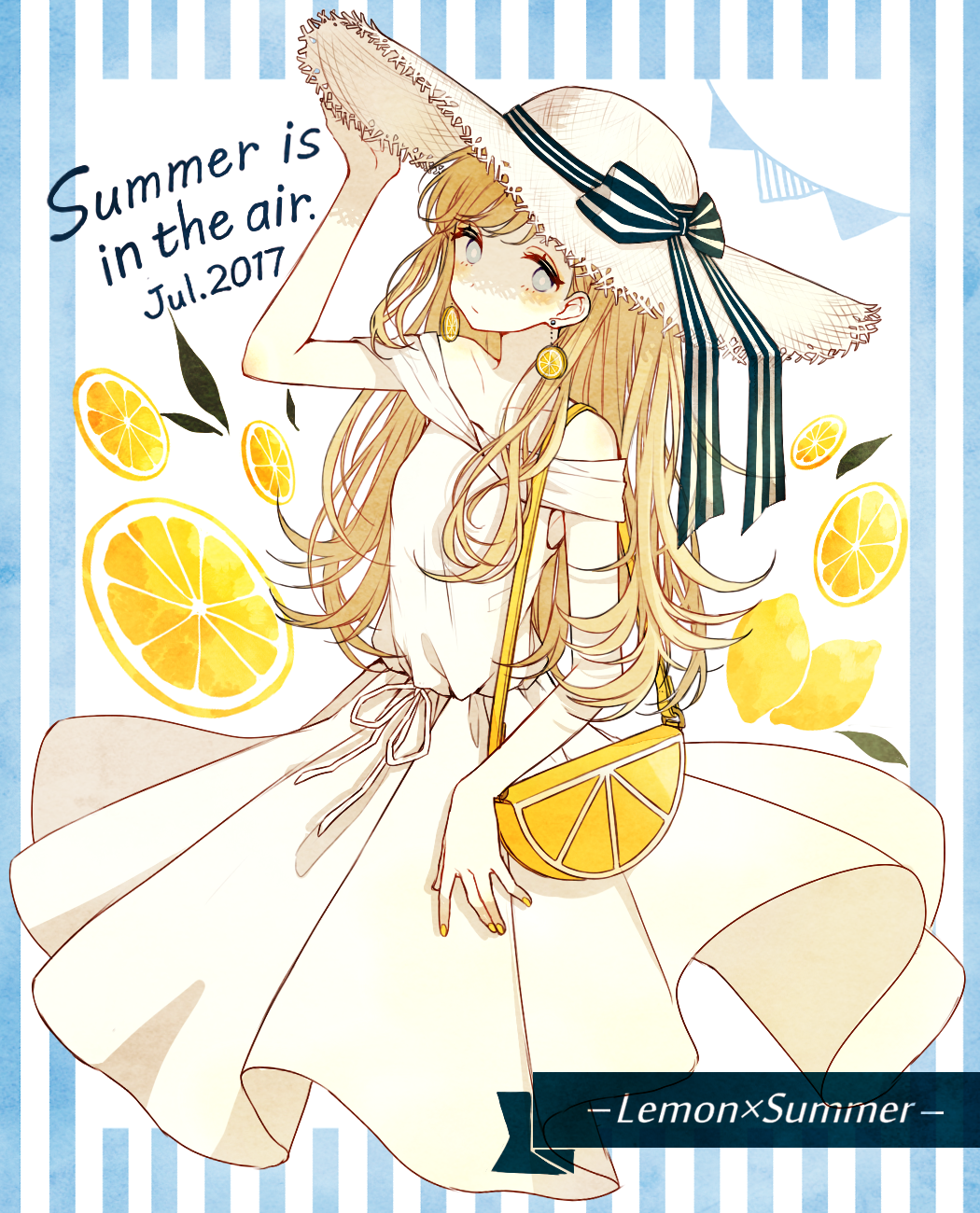 1girl adjusting_clothes adjusting_hat akakura bag bangs black_ribbon blonde_hair blue_eyes blush commentary_request dated dress earrings english_text food food_themed_earrings fruit hat hat_ribbon highres jewelry lemon lemon_earrings lemon_slice long_hair nail_polish no_legs original ribbon shoulder_bag solo straw_hat striped striped_background striped_ribbon sun_hat sundress vertical-striped_background vertical_stripes white_dress white_hat yellow_nails