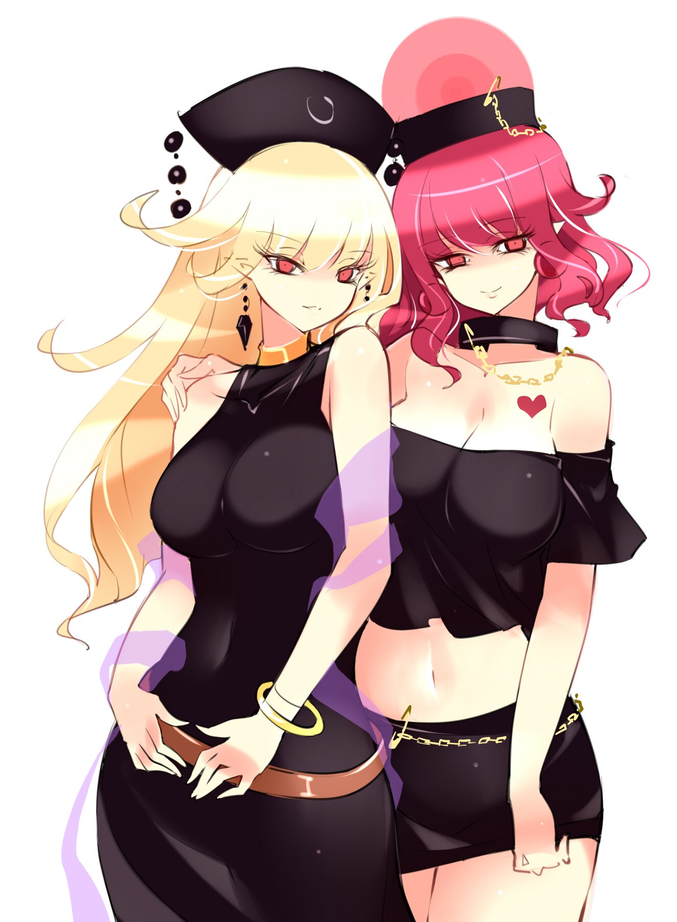 2girls alternate_costume bangle bangs bare_arms bare_shoulders belt black_choker black_dress black_shirt black_skirt blonde_hair bracelet breasts brown_belt chains choker cleavage collarbone commentary_request covered_navel cowboy_shot crop_top dress earrings eyebrows_visible_through_hair eyelashes hand_on_another's_shoulder head_tilt headdress heart_tattoo hecatia_lapislazuli highres jewelry junko_(touhou) large_breasts long_hair looking_at_viewer midriff miniskirt multiple_girls navel no_nose off-shoulder_shirt off_shoulder parted_lips pencil_skirt pointy_ears polos_crown raptor7 red_eyes red_hair shawl shirt short_sleeves simple_background skirt skirt_set sleeveless sleeveless_dress smile standing stomach tattoo thighs touhou very_long_hair white_background