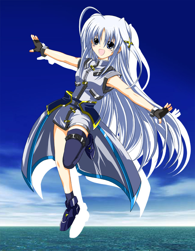 :d ahoge ankle_boots artist_request asymmetrical_legwear bare_shoulders black_gloves blue_eyes blue_hair blue_sky blush boots day fingerless_gloves floating full_body gloves hair_ornament horizon long_hair lyrical_nanoha magical_girl mahou_shoujo_lyrical_nanoha_strikers ocean open_mouth outstretched_arms reinforce_zwei silhouette single_thighhigh sky sleeveless smile solo spread_arms thigh_boots thighhighs uniform very_long_hair waist_cape water white_hair wrist_cuffs x_hair_ornament