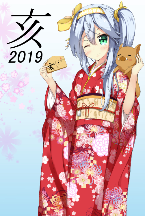 1girl 2019 ;) animal bangs blush boar bow chinese_zodiac closed_mouth commentary_request eyebrows_visible_through_hair fingernails floral_print furisode green_eyes hair_between_eyes hair_bow hairband hands_up head_tilt holding japanese_clothes kimono long_hair long_sleeves nengajou new_year obi one_eye_closed one_side_up original print_kimono red_kimono sash silver_hair smile solo tsuyukina_fuzuki wide_sleeves year_of_the_pig yellow_bow yellow_hairband