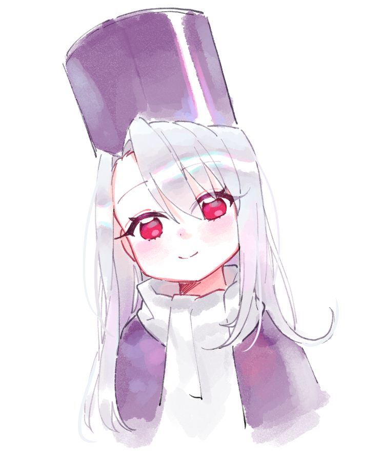 1girl bangs blush closed_mouth commentary_request eyebrows_visible_through_hair fate/stay_night fate_(series) grey_scarf hair_between_eyes hat head_tilt ia_(ias1010) illyasviel_von_einzbern jacket long_hair purple_hat purple_jacket red_eyes scarf silver_hair simple_background smile solo upper_body white_background