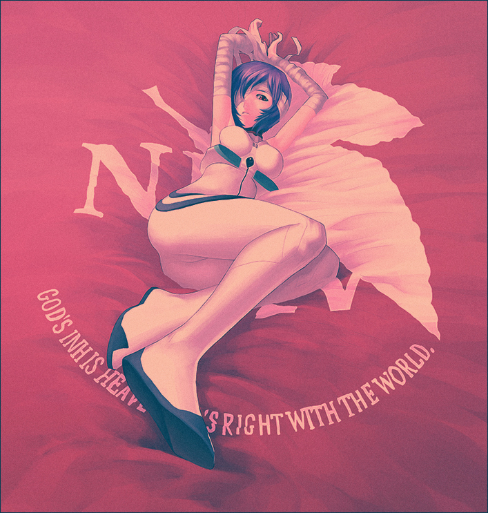 arms_up ayanami_rei bandage_over_one_eye bandaged_arm bandages bed_sheet blue_eyes blue_hair bodysuit breasts english from_below frown full_body hair_over_one_eye iwai_ryou logo looking_at_viewer lying medium_breasts neon_genesis_evangelion nerv on_back on_bed one_eye_covered plugsuit red_eyes short_hair sleeveless solo untied