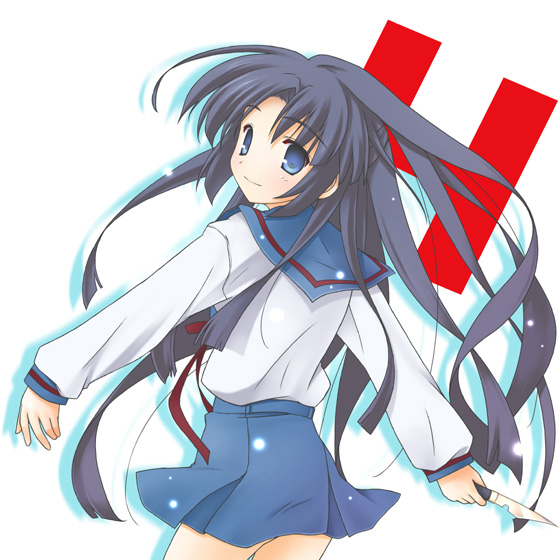 asakura_ryouko blue_sailor_collar blue_skirt chuujou_kagetsu kita_high_school_uniform knife long_sleeves sailor_collar school_uniform serafuku skirt solo suzumiya_haruhi_no_yuuutsu