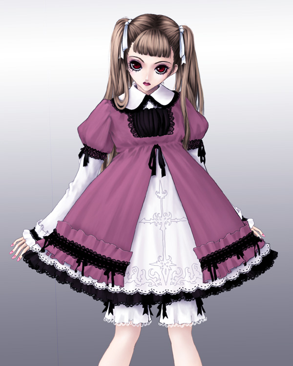 bangs bloomers blunt_bangs brown_hair closed_mouth dress expressionless eyelashes gothic_lolita gradient gradient_background grey_background hair_ribbon kunishige_keiichi lace lace-trimmed_collar lace-trimmed_dress layered_dress lipstick lolita_fashion long_hair long_sleeves looking_at_viewer makeup nail_polish nocturne_(kunishige_keiichi) original pink_nails red_eyes ribbon short_over_long_sleeves short_sleeves sleeves_past_wrists solo twintails underwear white_bloomers