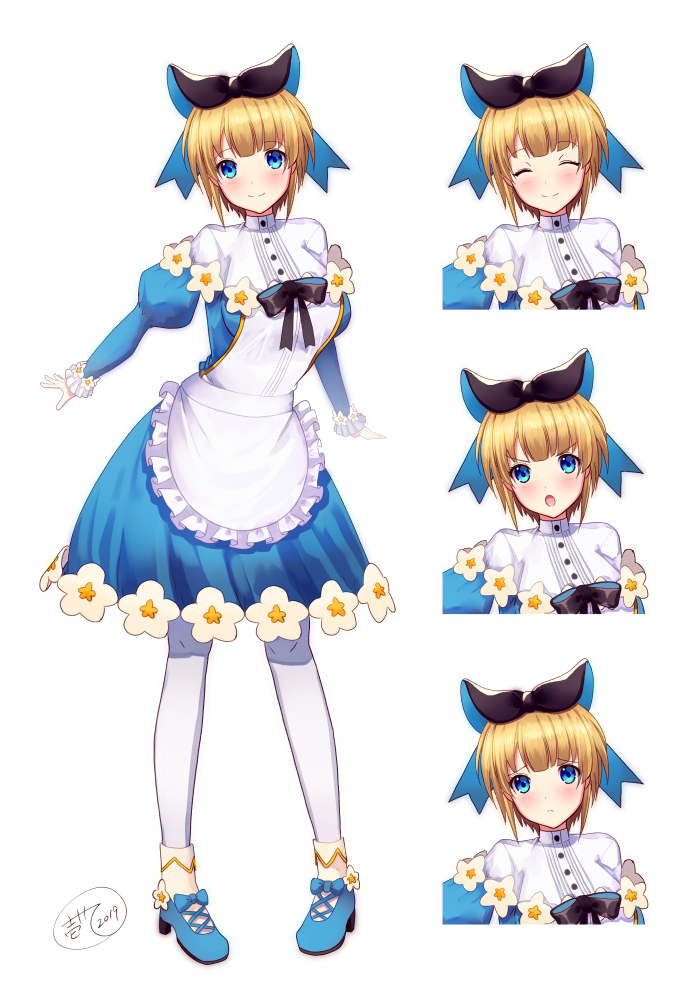 1girl :o ^_^ apron bangs blonde_hair blue_dress blue_eyes blue_footwear blush breasts brown_ribbon closed_eyes closed_mouth commentary_request dress dress_shirt expressions eyebrows_visible_through_hair eyes_closed facing_viewer flower frilled_apron frills hair_ribbon high_heels ittokyu juliet_sleeves long_sleeves looking_at_viewer medium_breasts original pantyhose puffy_sleeves ribbon shirt shoes short_hair simple_background smile v-shaped_eyebrows waist_apron white_apron white_background white_flower white_legwear white_shirt