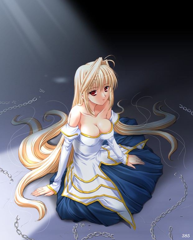 archetype_earth arcueid_brunestud bare_shoulders blonde_hair breasts chain cleavage detached_sleeves dress from_above large_breasts long_hair long_sleeves miyai_sen red_eyes sitting solo strapless strapless_dress tsukihime
