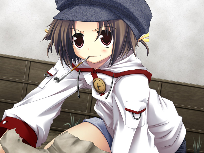 brown_hair buttons game_cg hat kiseru koijibashi long_sleeves m4-10c mouth_hold pipe pipe_in_mouth short_hair smoking solo