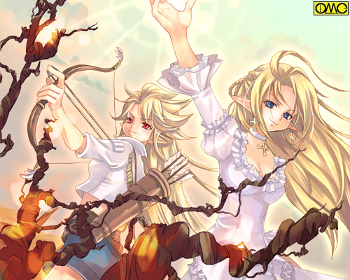 archery arrow asura_fantasy_online blonde_hair blue_eyes bow_(weapon) cross dress elf frills kuga_tsukasa latin_cross long_sleeves lowres midriff multiple_girls omc pointy_ears red_eyes weapon