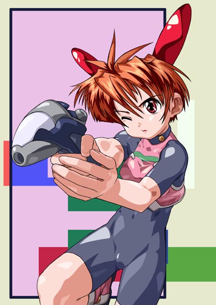 aiming antenna_hair bangs boots breasts copyright_request covered_navel energy_gun fighting_stance foreshortening gun hair_between_eyes hairpods one_eye_closed orange_hair outstretched_arm parted_lips ray_gun red_eyes satou_toshiyuki short_hair small_breasts solo spandex turtleneck unitard vest weapon