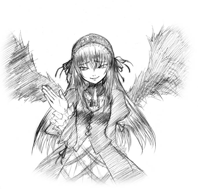 artist_request cowboy_shot evil_smile flower frilled_sleeves frills greyscale hairband lolita_hairband long_hair long_sleeves looking_at_viewer monochrome parted_lips rose rozen_maiden simple_background sketch smile solo suigintou white_background wings