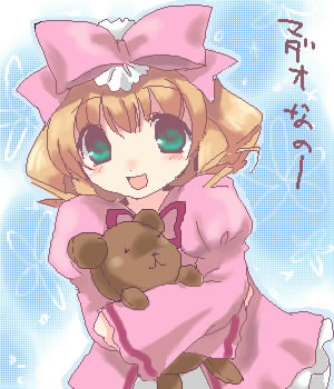 :d artist_request blonde_hair blue_background bow cowboy_shot green_eyes hair_bow hina_ichigo holding long_sleeves looking_at_viewer lowres oekaki open_mouth pink_bow pink_shirt pink_skirt rozen_maiden shirt short_hair skirt smile solo stuffed_animal stuffed_toy teddy_bear