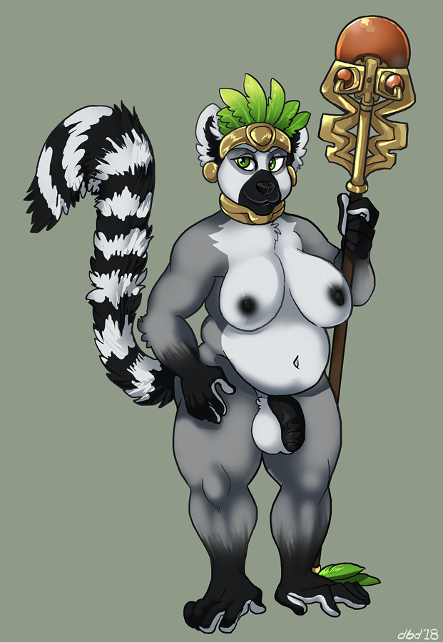 anthro balls breasts dbd dickgirl flaccid humanoid_penis intersex lemur looking_at_viewer mammal nipples penis primate simple_background slightly_chubby solo staff standing