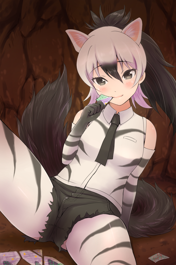 1girl aardwolf_(kemono_friends) aardwolf_ears aardwolf_print aardwolf_tail animal_ears animal_print arm_behind_back arm_support ass_visible_through_thighs bare_shoulders black_eyes black_hair black_neckwear black_shorts blush breast_pocket closed_mouth commentary_request cutoffs elbow_gloves extra_ears eyebrows_visible_through_hair gloves hair_between_eyes hand_to_own_mouth hand_up head_tilt high_ponytail holding holding_paper indoors kemono_friends knee_up leaning_back legwear_under_shorts long_hair looking_at_viewer multicolored_hair necktie on_ground pantyhose paper picolette_xiii pocket ponytail print_gloves print_legwear print_shirt purple_hair shirt shorts sidelocks signature sitting sleeveless sleeveless_shirt smile solo spread_legs tail tsurime two-tone_hair upshorts