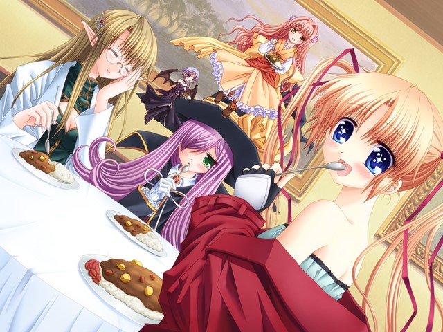 :d bare_shoulders black_gloves blonde_hair blue_eyes blush breasts character_request cleavage cleavage_cutout closed_eyes cross_world dress dutch_angle feet fingerless_gloves flying game_cg glasses gloves green_eyes hair_over_one_eye hat indoors long_hair long_sleeves looking_at_viewer medium_breasts multiple_girls open_mouth patty_aria pink_hair plate sakurazawa_izumi smile sparkling_eyes spoon table very_long_hair wings yellow_dress