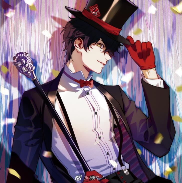 1boy amamiya_ren black_hair bow bowtie calling_card cane confetti gloves hand_on_headwear hat lion looking_at_viewer persona persona_5 red_gloves shadow smirk solo spotlight suspenders top_hat tuxedo yellow_eyes
