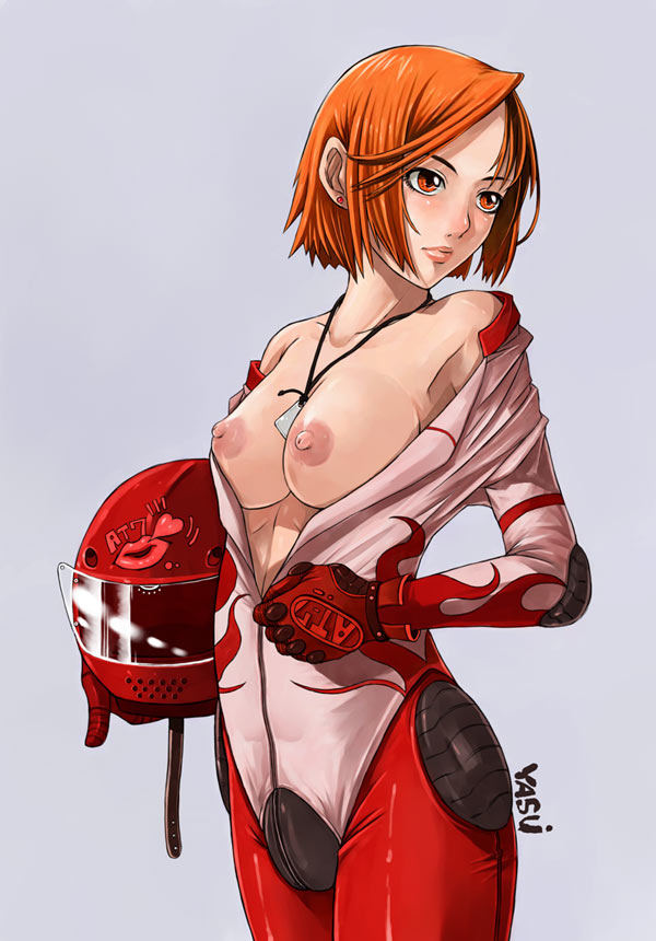 breasts copyright_request dog_tags helmet large_breasts nipples open_clothes open_shirt orange_eyes red_hair shirt solo undressing yokoyama_yasushi zipper