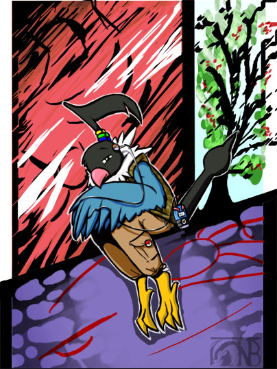 2006 anthro beak black_tail blue_feathers chatot clothed clothing digital_drawing_(artwork) digital_media_(artwork) feathers kompy looking_at_viewer nintendo pink_beak pok&eacute;mon pok&eacute;mon_(species) pok&eacute;morph sitting solo trebel tree video_games watermark