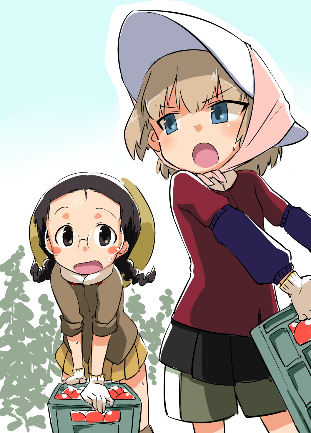 arm_support bandanna bangs black_hair blue_sky blush_stickers bonnet boots braid brown_eyes brown_footwear brown_hat brown_jacket brown_shorts casual chi-hatan_military_uniform commentary day eyebrows_visible_through_hair frown fukuda_(girls_und_panzer) girls_und_panzer glasses gloves hamahara_yoshio hat highres jacket katyusha knee_boots leaning_forward long_hair long_sleeves looking_at_another looking_back military military_uniform miniskirt outdoors plant pleated_skirt red_shirt round_eyewear shirt short_hair shorts skirt sky sleeves_rolled_up sun_hat sweat tomato twin_braids twintails uniform white_gloves white_hat yellow_skirt