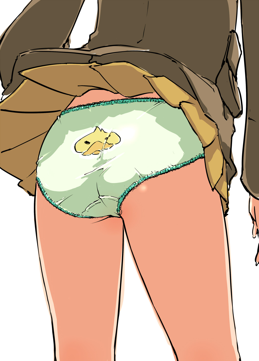 1girl ass ass_focus back-print_panties brown_jacket chi-hatan_military_uniform close-up commentary crotch_seam duck_print fukuda_(girls_und_panzer) girls_und_panzer green_panties hamahara_yoshio highres jacket lace lace-trimmed_panties long_sleeves military military_uniform miniskirt panties pantyshot pantyshot_(standing) pleated_skirt print_panties simple_background skirt skirt_lift solo standing thighs underwear uniform white_background wind wind_lift yellow_skirt