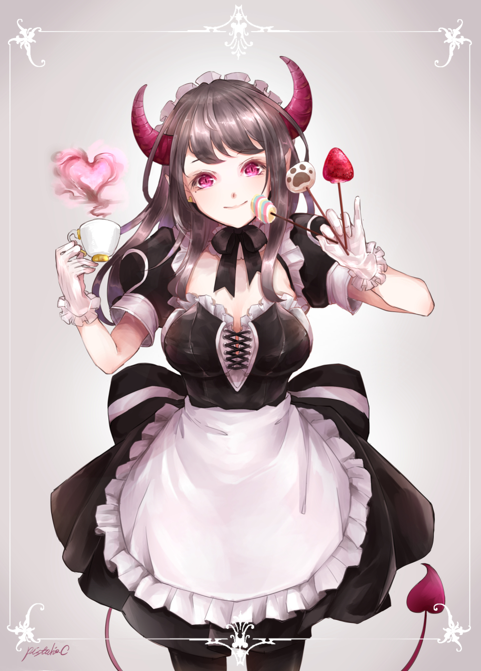 1girl apron arms_up artist_name between_fingers black_dress black_hair black_legwear black_neckwear breasts choker commentary cowboy_shot cup dango demon_girl demon_horns demon_tail detached_sleeves dress earrings english_commentary eyebrows_visible_through_hair food fruit gloves gradient gradient_background grey_background head_tilt heart heart_earrings highres holding holding_cup holding_skewer horns jewelry korean_commentary lace lace_choker long_hair looking_at_viewer maid maid_headdress medium_breasts mixed-language_commentary mole mole_under_eye neck_ribbon original pantyhose paw_print pink_eyes pistachiocream pointy_ears puffy_short_sleeves puffy_sleeves ribbon shiny shiny_hair short_sleeves skewer slit_pupils smile solo standing steam strawberry tail teacup valentine wagashi waist_apron white_gloves