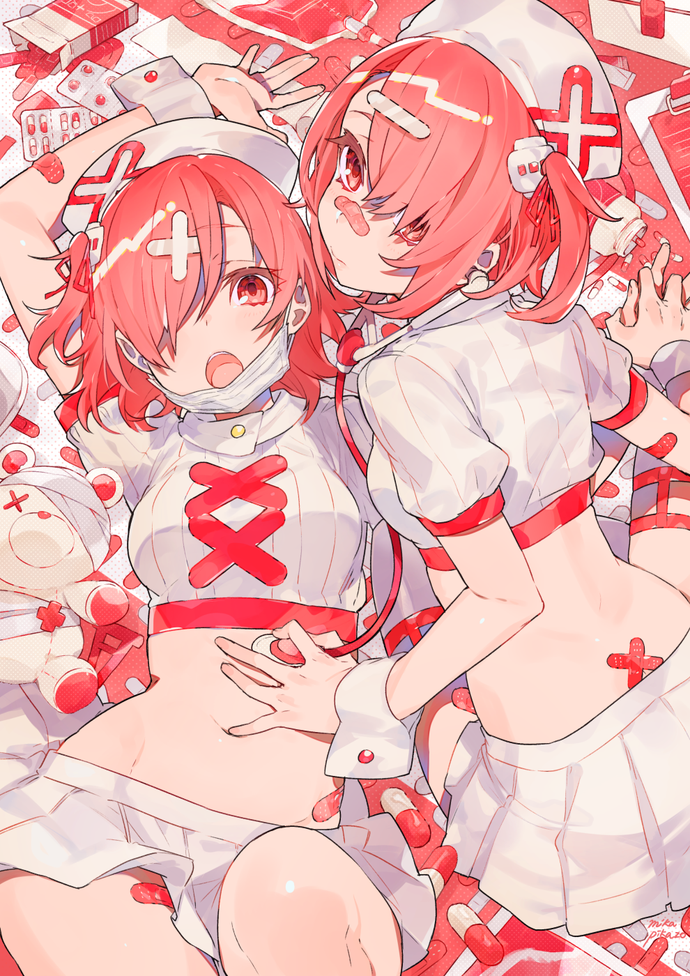 2girls :o arm_up back bandage breasts commentary_request cowboy_shot crop_top from_behind hair_over_one_eye hand_on_another's_stomach hat highres looking_at_viewer looking_back lying mask_pull medicine midriff mika_pikazo miniskirt multiple_girls navel nurse nurse_cap on_back open_mouth original pill pleated_skirt red_eyes red_hair shirt short_hair short_sleeves sidelocks skirt small_breasts stomach stuffed_animal stuffed_toy surgical_mask teddy_bear white_shirt white_skirt wrist_cuffs