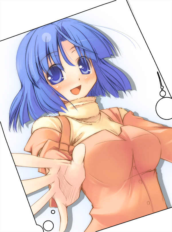 :d blue_eyes blue_hair blush buttons dutch_angle jirou_(chekoro) kusuha_mizuha long_sleeves looking_at_viewer open_mouth outstretched_arms pajamas short_hair smile solo super_robot_wars