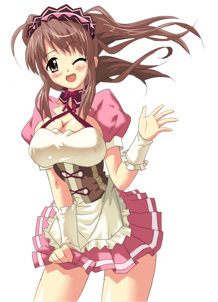 ahoge artist_request asahina_mikuru blush bow breasts brown_eyes brown_hair cleavage hairband large_breasts long_hair one_eye_closed open_hand open_mouth pink_skirt puffy_short_sleeves puffy_sleeves short_sleeves skirt skirt_hold solo standing suzumiya_haruhi_no_yuuutsu white_background