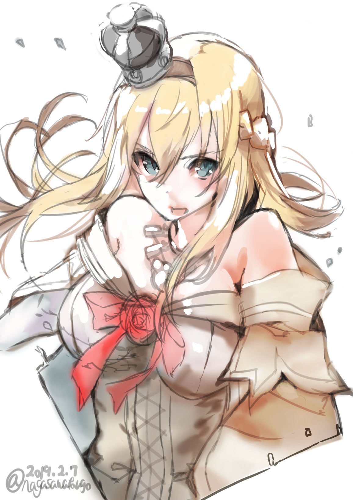 1girl blonde_hair blue_eyes braid corset crown dated dress flower french_braid highres kantai_collection long_hair long_sleeves mini_crown nagasawa_tougo off-shoulder_dress off_shoulder open_mouth red_flower red_ribbon red_rose ribbon rose solo twitter_username upper_body warspite_(kantai_collection) white_background white_dress