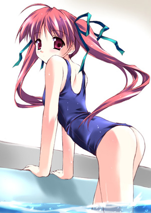 artist_request copyright_request long_hair lowres one-piece_swimsuit red_hair school_swimsuit solo swimsuit twintails water
