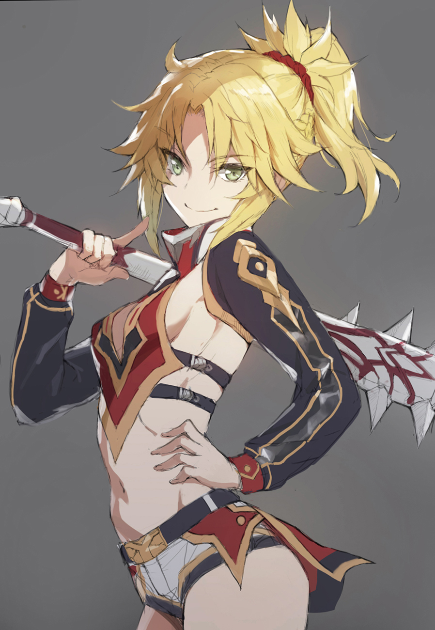 1girl alternate_costume alternate_weapon belt blonde_hair braided_ponytail breasts cleavage_cutout club commentary cowboy_shot detached_sleeves english_commentary fate/grand_order fate_(series) green_eyes grey_background hand_on_hip highres index_finger_raised long_sleeves midriff mordred_(fate)_(all) navel over_shoulder revision short_shorts shorts sideboob small_breasts smile solo spiked_club toned tonee weapon weapon_over_shoulder