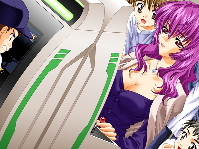 3boys arcade arcade_cabinet black_hair breasts brown_eyes brown_hair buttons carnelian child cleavage clenched_teeth controller game_cg hat jacket_on_shoulders jewelry joystick large_breasts lens_no_mukougawa long_hair multiple_boys pendant playing_games purple_eyes purple_hair sasamoto_misako smile teeth