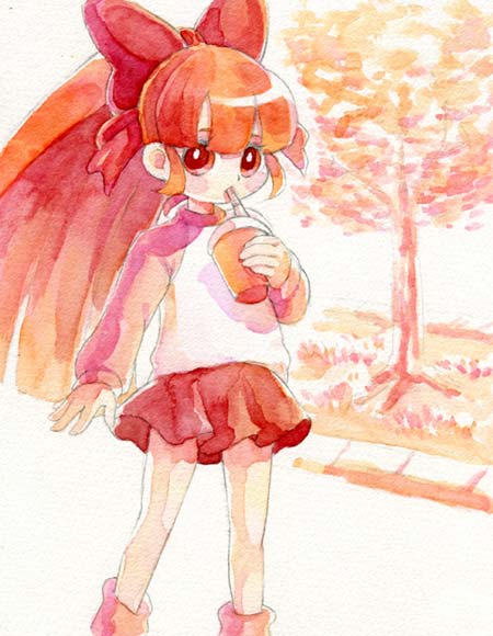 akazutsumi_momoko artist_request bangs blunt_bangs bow cup drinking drinking_straw hair_bow holding holding_cup hyper_blossom looking_at_viewer outdoors powerpuff_girls_z red red_bow red_eyes red_hair red_skirt sidewalk skirt solo standing tree