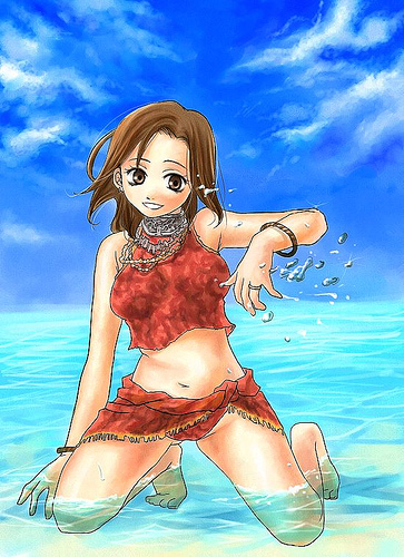 artist_request bikini brown_eyes brown_hair day final_fantasy final_fantasy_xi hume jewelry kneeling lowres necklace ocean outdoors solo swimsuit tankini