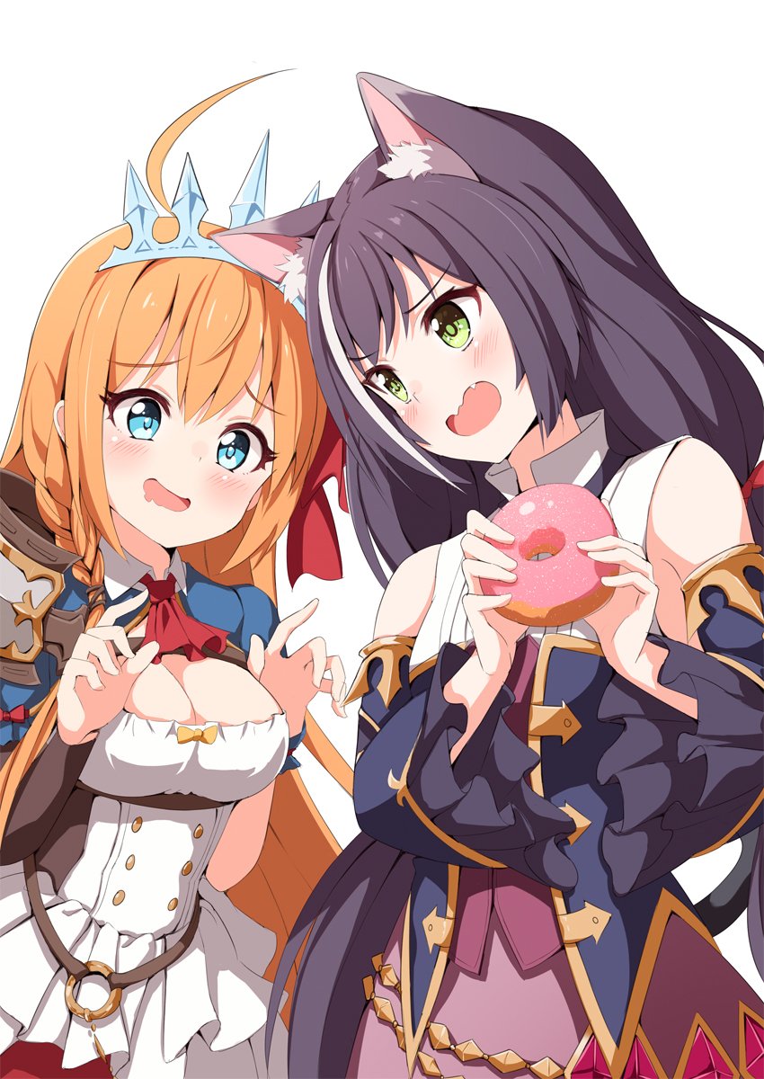 2girls :d ahoge ame. animal_ear_fluff animal_ears bangs bare_shoulders black_hair black_sleeves blush breasts brown_hair cleavage commentary_request detached_sleeves doughnut drooling eyebrows_visible_through_hair fang food green_eyes hair_between_eyes hands_up highres holding holding_food kyaru_(princess_connect) long_hair long_sleeves looking_at_another medium_breasts multiple_girls open_mouth pecorine pink_skirt princess_connect! princess_connect!_re:dive shirt simple_background skirt smile tiara very_long_hair white_background white_shirt wide_sleeves