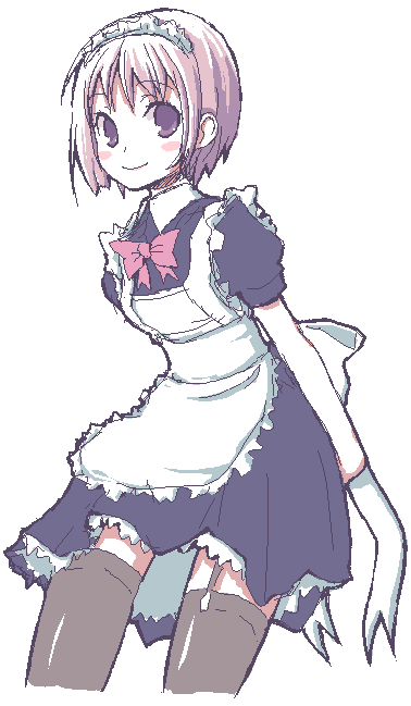 blue_dress blush brown_hair cowboy_shot dress kimarin looking_at_viewer maid maid_headdress original puffy_short_sleeves puffy_sleeves red_eyes short_sleeves simple_background smile solo standing thighhighs white_background